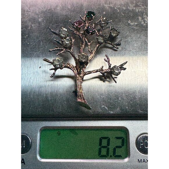 Estate Sterling Silver Tree Brooch Pin w/ Multi-Color Crystal Stones 8.2g 50mm - Picture 8 of 8